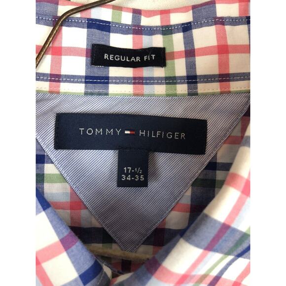 Tommy Hilfiger Dress Shirt Size 17.5 Pink/Blue Plaid Regular Fit Button - Picture 3 of 4